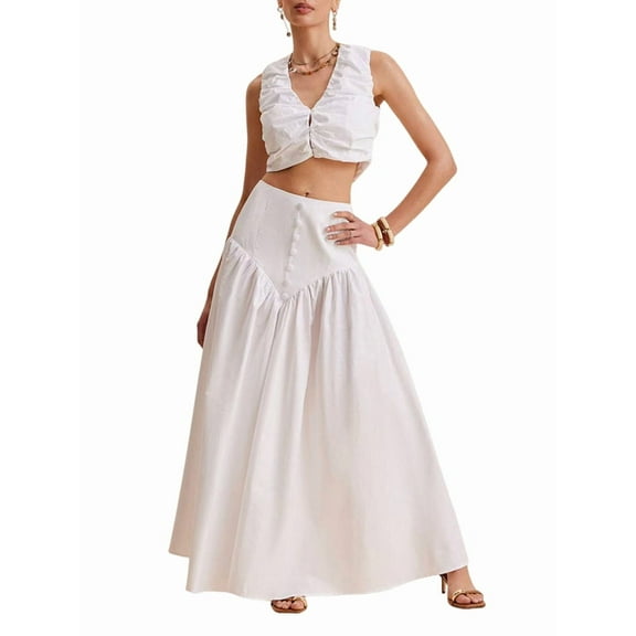 Women'S French Style White Stitching Buttoned High Waist Maxi Skirt Pleated Flowing Maxi Skirt High Waist Maxi Skirt M