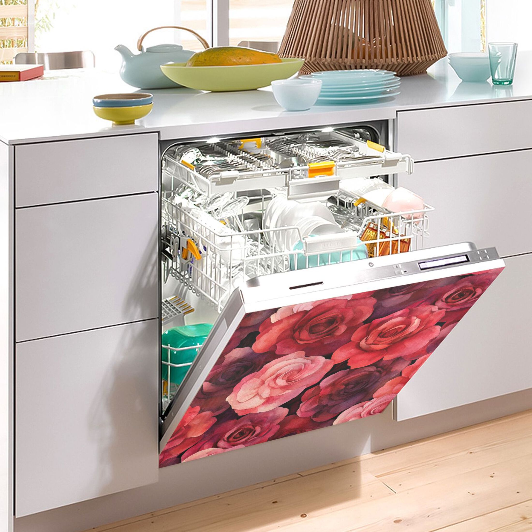 Dishwasher Magnetic Sticker 23x26 Inch Refrigerator Magnetic Sticker Washing Machine Magnetic Sticker Kitchen Panel Magnetic Sticker Home Decor Cartoon Red Roses