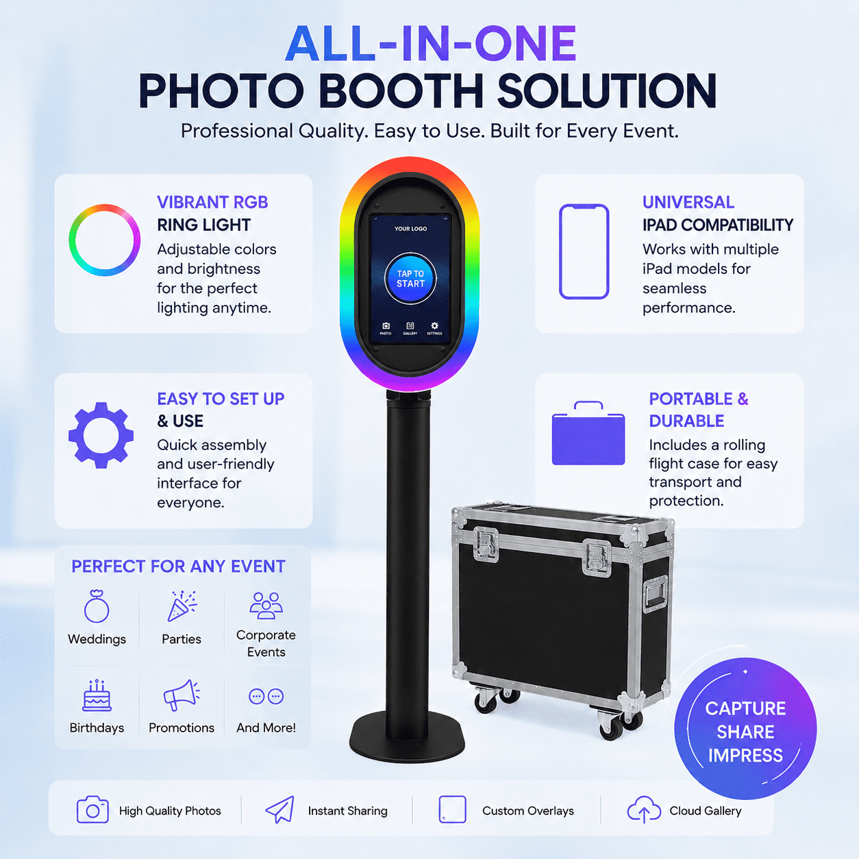 Portable iPad photo booth with flight case, metal selfie stand, and RGB ring light, perfect for parties, weddings, and rental businesses - compatible with 10.2-inch to 13-inch iPads.