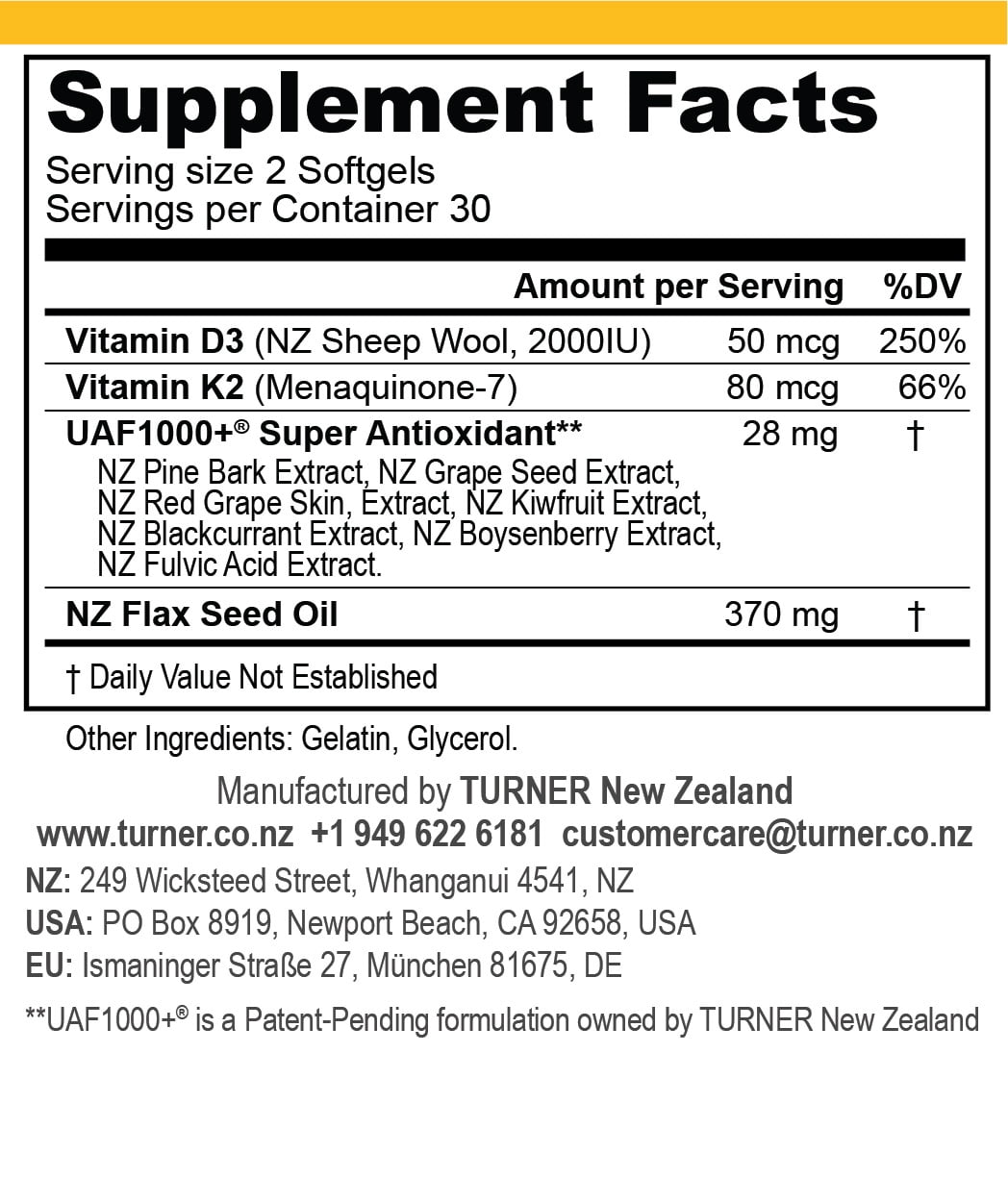 TURNER Grass-Fed Vitamin D3 and K2 Antioxidants Supplement, 5 Bottles, 300 Capsules