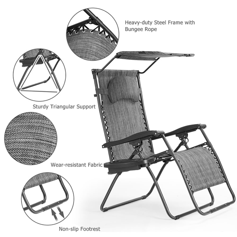 Aimee Lii Folding Recliner Lounge Chair with Shade Canopy Cup Holder, Outdoor Patio Furniture, Gray