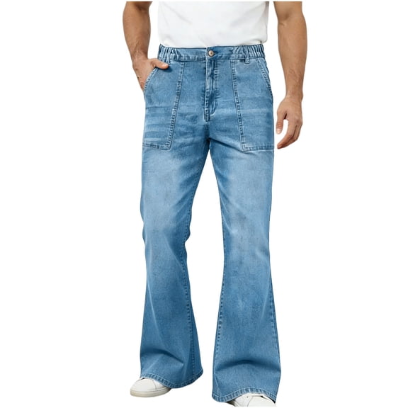 Mens Elastic Waist Baggy Jeans Stretch Denim Wide Leg Trousers Loose Fit Casual Vintage Bell Bottom 60s 70s Disco Pants
