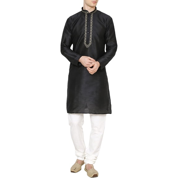 Royal Kurta Mens Silk Blend Garland Embroidery Kurta Churidar (40, Black)