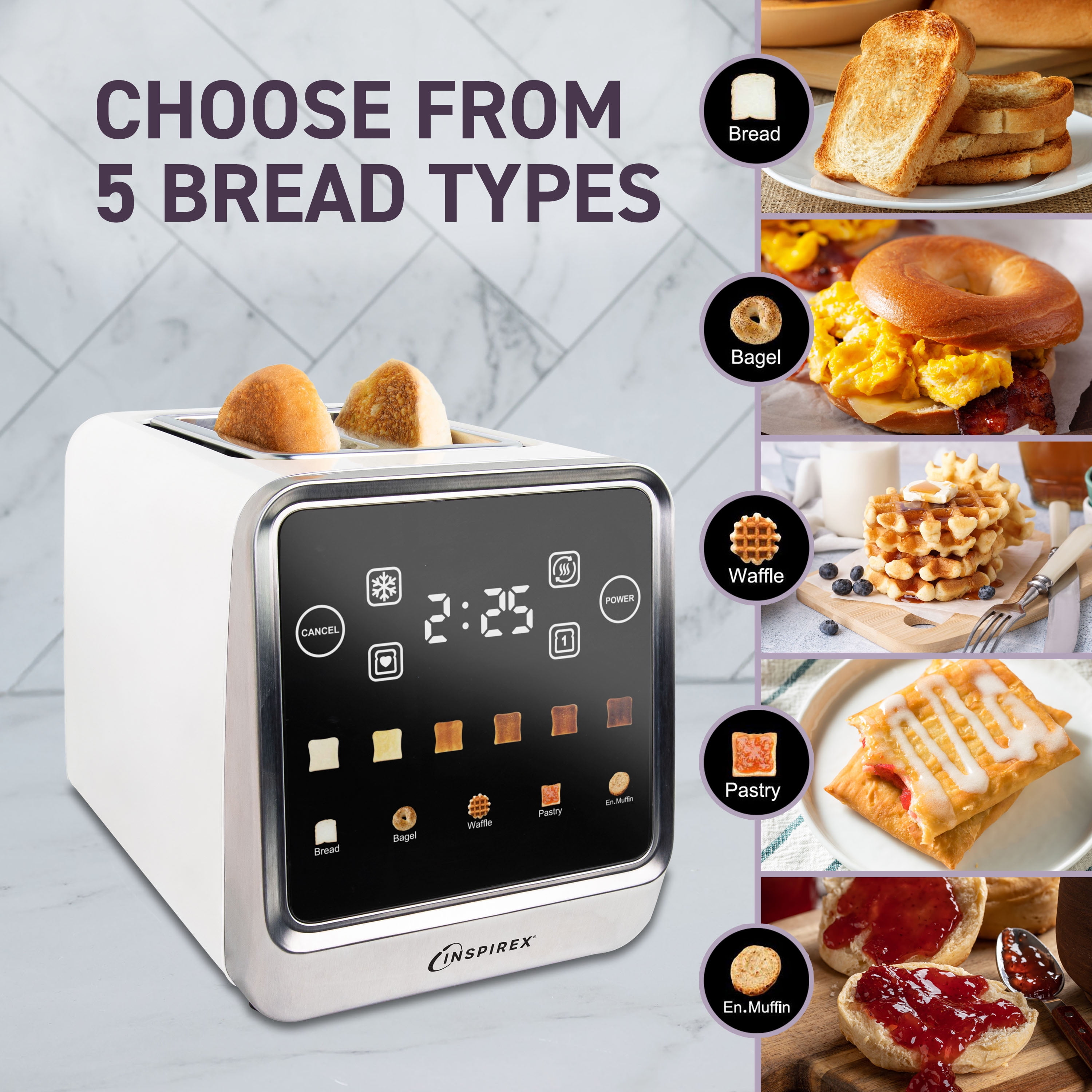 Inspirex Touch Screen Toaster - 2 Extra Wide Slots - 5 Bread Types and 6 Browning Levels - Defrost, Reheat, Favorite, & Single Slot Modes - For Toast, Bagels, & Waffles – White