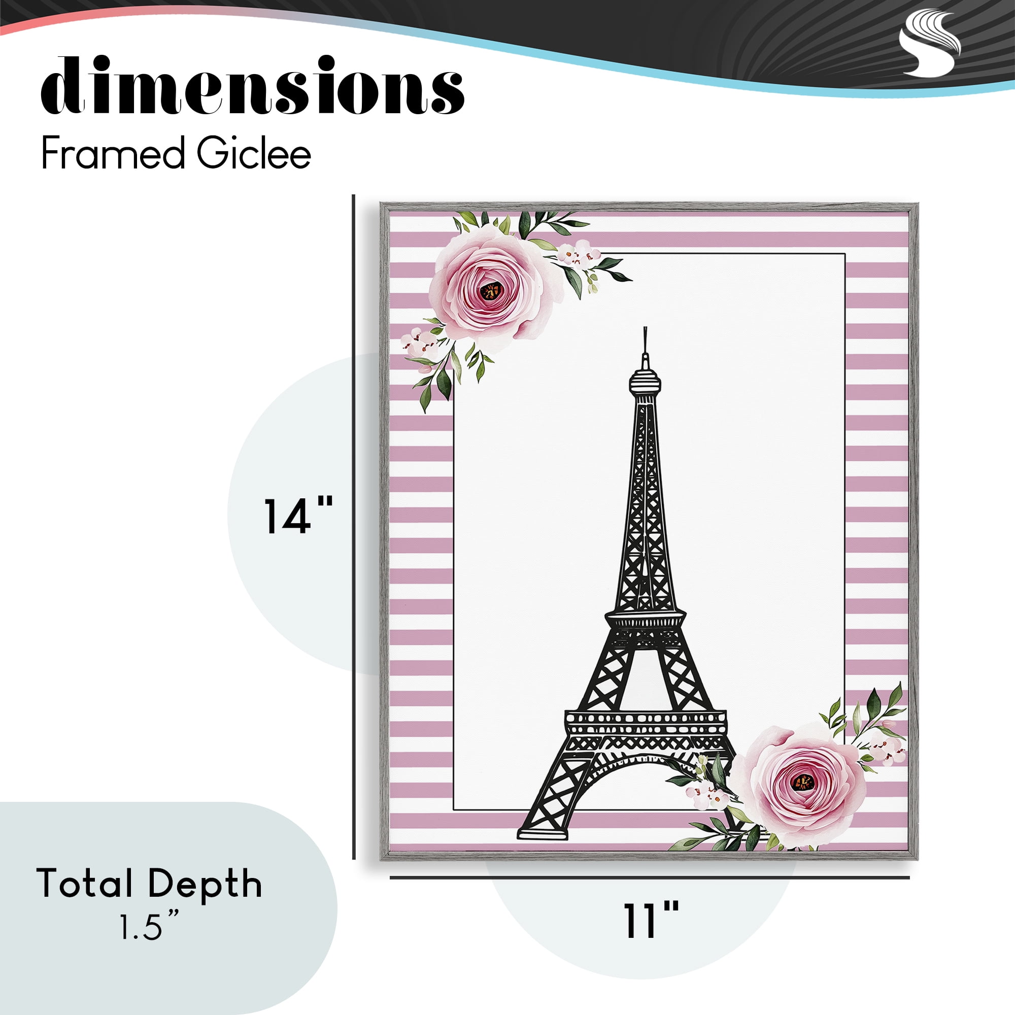 Parisian Tower & Roses Gray Framed Giclee Art, design by Christine Simpson Art