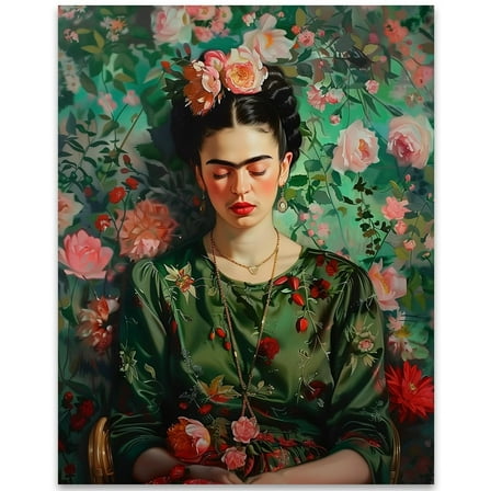 Frida Kahlo Inspired Painting of Frida Kahlo in Green:11x14 Unframed Poster - Colorful Floral Portrait Painting Poster - Mexican Wall Art Print Picture Gift
