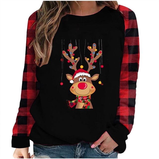 Liquidation Staron T-Shirt de Noël pour Femme Col Rond à Carreaux Léopard Imprimé Arbre T-Shirt Col Rond Blouses Chic Décontractées Baseball Laid Fluide T-Shirt Rouge P