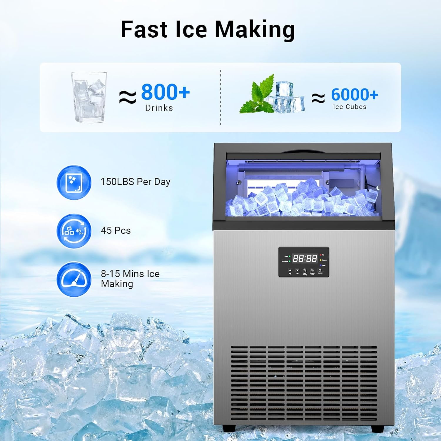 Commercial Ice Maker Machine, 150Lbs per Day Under Counter Ice Maker with 50Lbs Storage Bin, Produces Ice in 8-15 Mins, Freestanding Design for Restaurant, Bar, Home & Outdoor Use