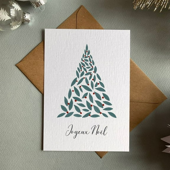 Joyeux Noël Christmas Card with Tree Design – Elegant Holiday Greeting Card – Blank Inside with Brown Envelope – Perfect for Christmas Wishes and Celebrations