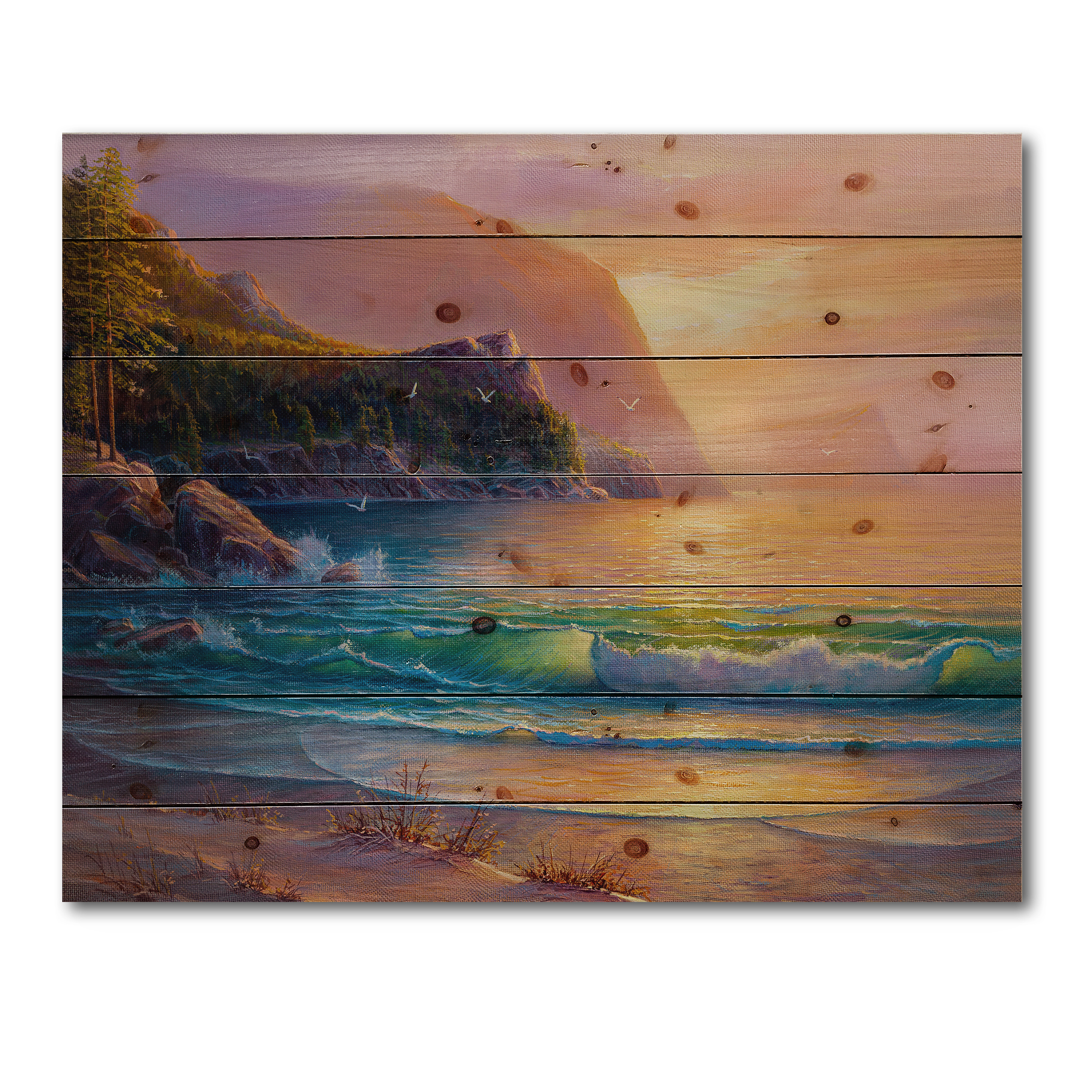 Designart 'Romantic Beach During Warm Evening' Nautical & Coastal Print on Natural Pine Wood