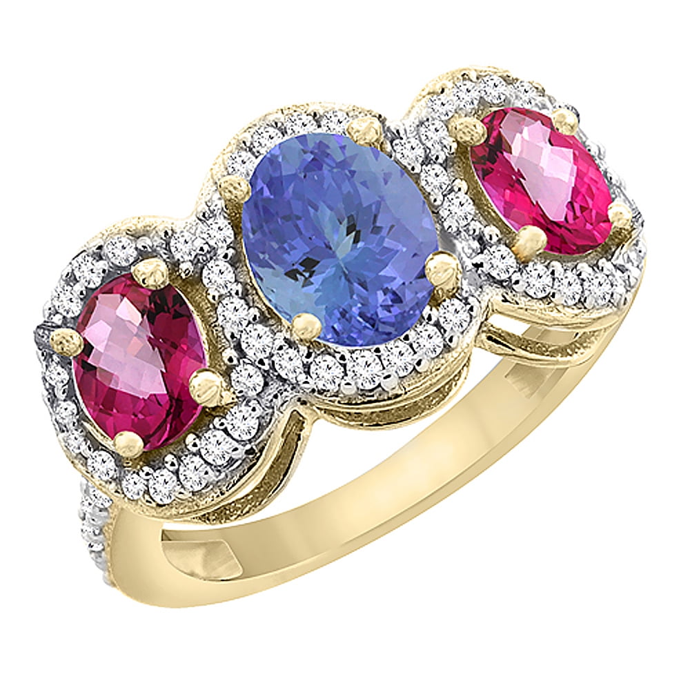 10K Yellow Gold Natural Tanzanite & Pink Topaz 3-Stone Ring Oval Diamond Accent, size 6 by Gabriella Gold