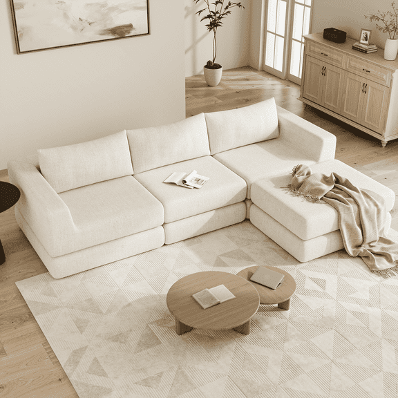 BINBANK Boneless Cloud L-Shaped Modular Sectional Sofa – 4-Seater Chenille Convertible Couch with Ottoman for Living Room, No Assembly,Beige