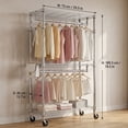thumbnail image 4 of Heavy Duty Closet Garment Rack,3-Tier Adjustable Metal Freestanding Clothes Rack with 2 Rods and Side Hooks,Wheels,15.7" D x 29.5" W x 74.5" H,Chrome, 4 of 7