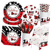 Hidove Ladybug First Birthday Party Decorations Tableware - "Our Little Ladybug Is Turning One" Party Set, Including Plates, Cups, Napkins, Tablecloth, Cutlery for Lady Bug 1st Birthday