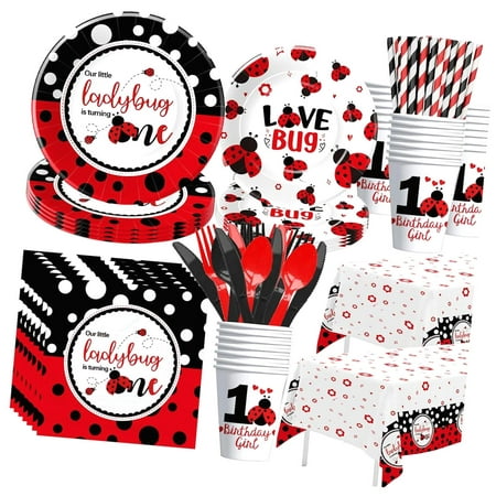 Hidove Ladybug First Birthday Party Decorations Tableware - "Our Little Ladybug Is Turning One" Party Set, Including Plates, Cups, Napkins, Tablecloth, Cutlery for Lady Bug 1st Birthday
