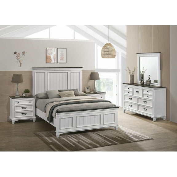 Roundhill Clelane Weathered White and Gray Finished 5-Piece Bedroom Set, Shiplap Panel Queen