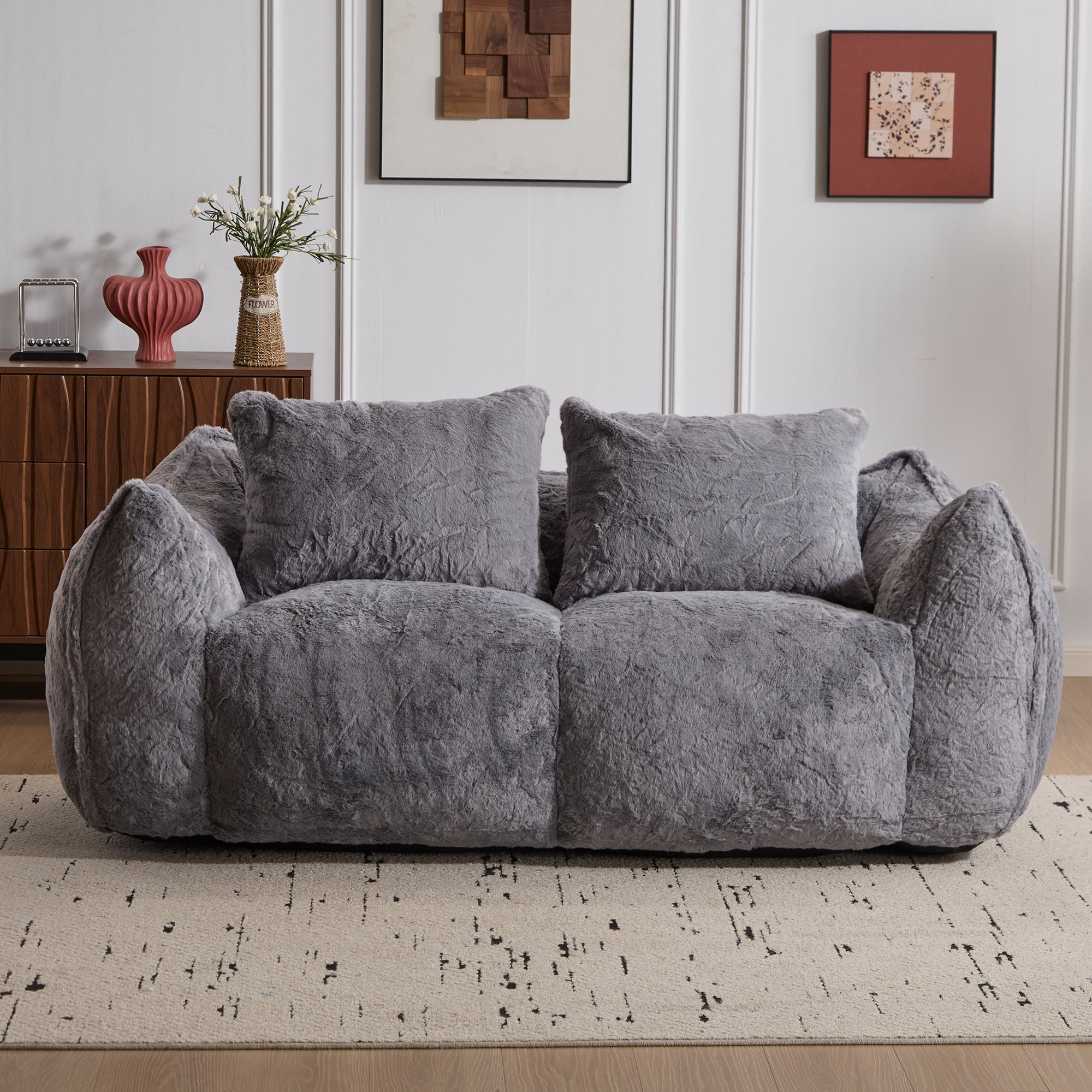 Miniyam 75.2 in Oversized Faux Fur Bean Bag Couch for Adults, 2-Seater Loveseat Floor Sofa with Armrests and Pillows, Gray