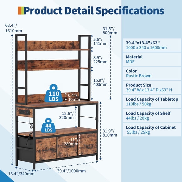 5-Tier Kitchen Baker's Rack with Charging Station – Drawers, Storage Cabinet & 10 Hooks – Industrial Microwave Stand – Rustic Utility Shelf, Freestanding Coffee Bar Organizer with Power Outlet