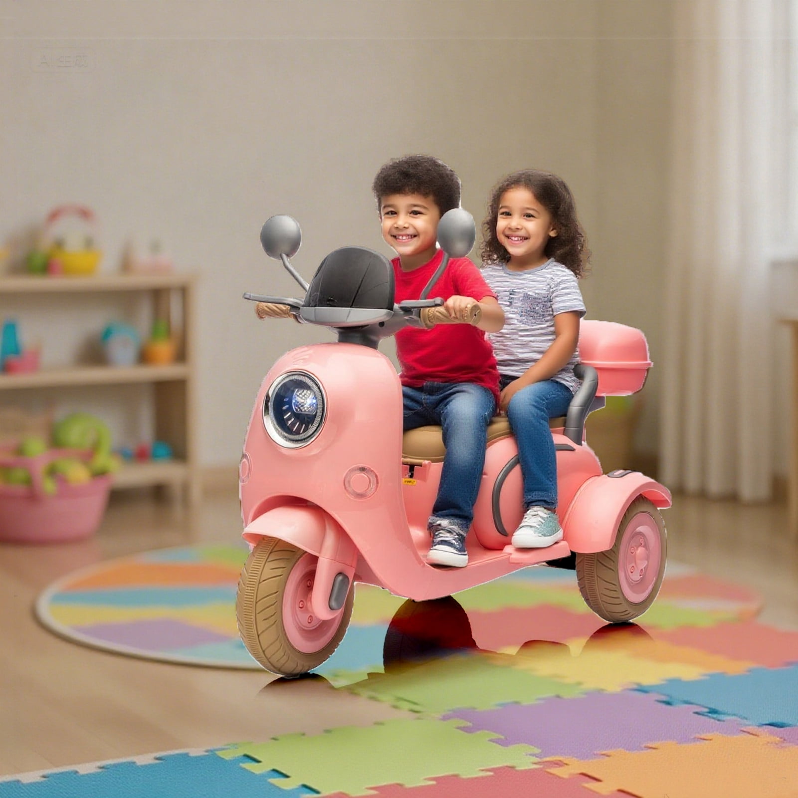 FINITO 12V 2 Seater Kids Electric Motorcycle, 3 Wheel Electric Bike with Storage Box, Bluetooth Music, LED Light, 2WD Electric Motorcycle for Kids, Pink