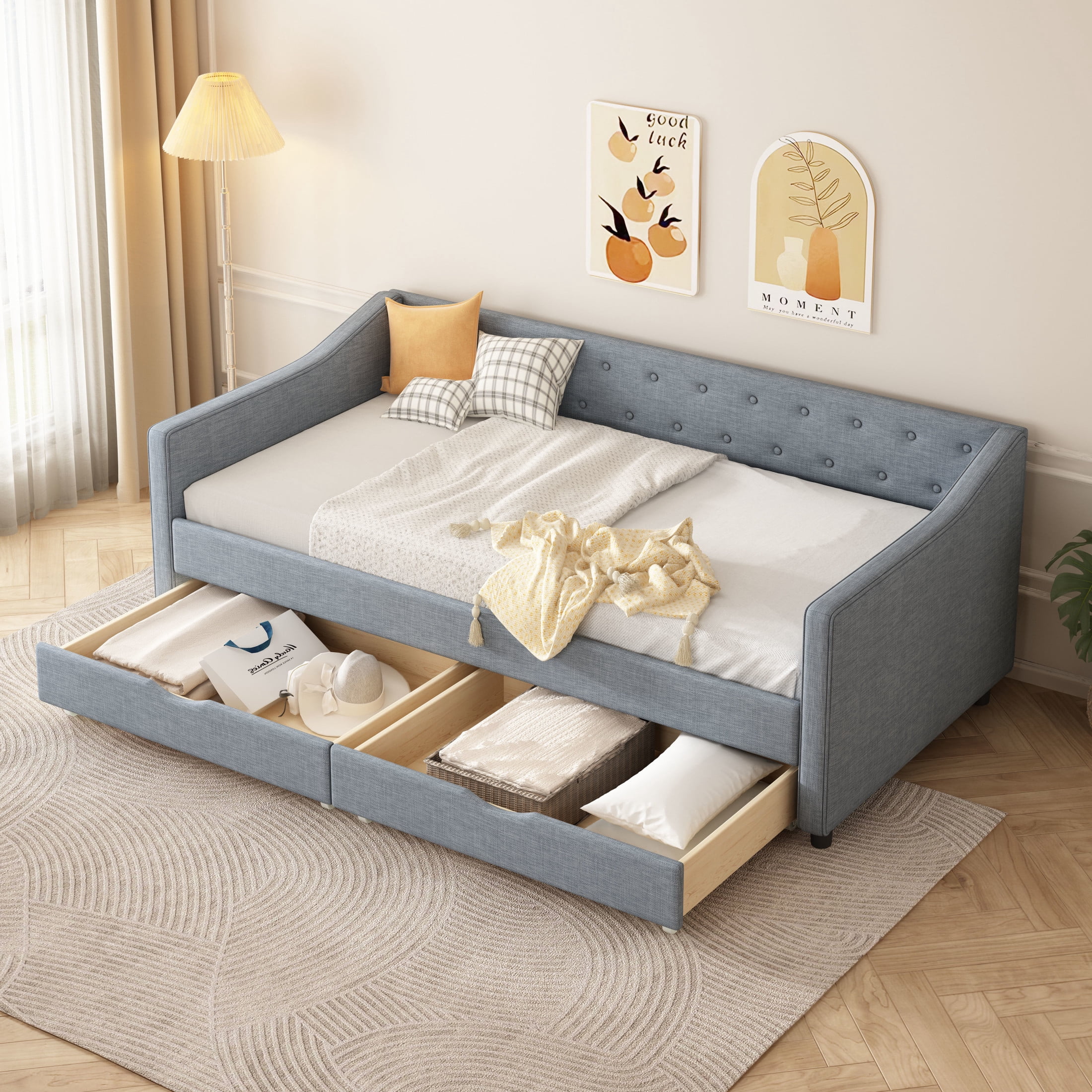 Noble House Mabel Twin Daybed with Storage Drawers, Tufted Upholstered Linen Sofa Bed, Curved Piped Arms, Light Grey