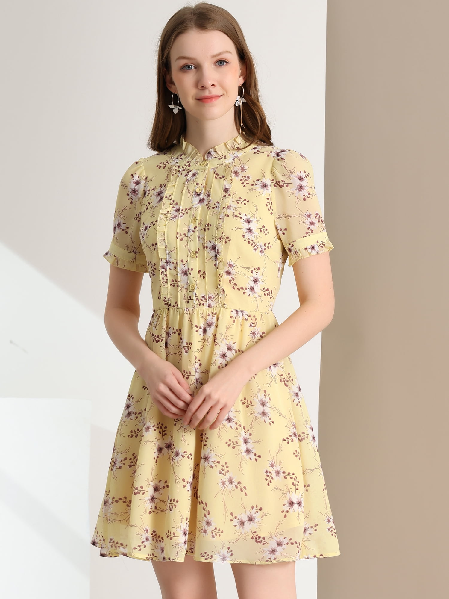 DARING DIVA Women's Ruffle Neck Button Half Placket Stylish Floral Dress M Yellow