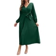 thumbnail image 3 of Sunloudy Vestido casual para mujer, cuello en V, manga larga, color sólido, cintura alta, plisado, vestidos largos con cinturón Sunloudy S M L XL, 3 of 8