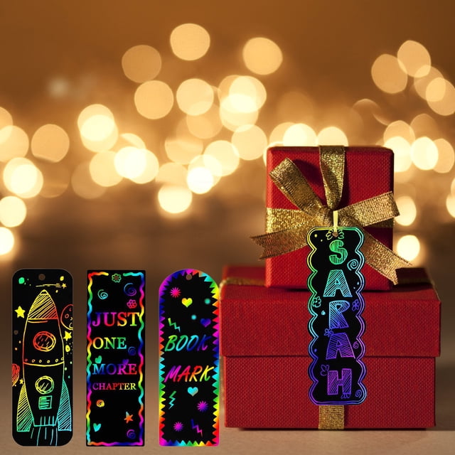 YAOMOBB Colored Scratch Paper Rainbow Scratch Bookmark Set DIY Art Kit with Hanging Hole for Gift and Party Favors Includes 48 Ribbons and Stylus