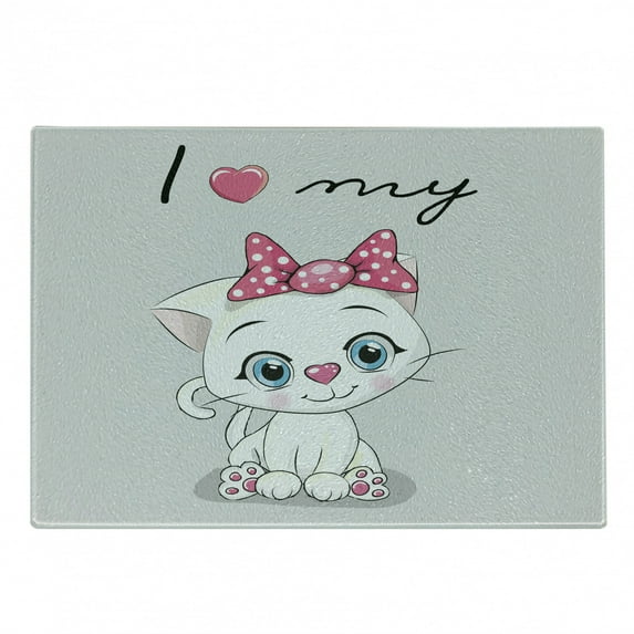 Kitten Cutting Board, Cartoon Domestic White Cat Pink Cheeks Fluffy I Love My Pet Themed Print, Decorative Tempered Glass Cutting and Serving Board, Small Size, Grey White Pink, by Ambesonne