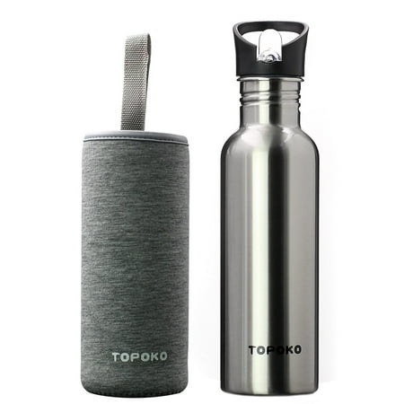 TOPOKO 25 Oz Single-Layer Stainless Steel Water Bottle Sports Bottle Flip Top Spout With Black and Grey Nylon Sleeve