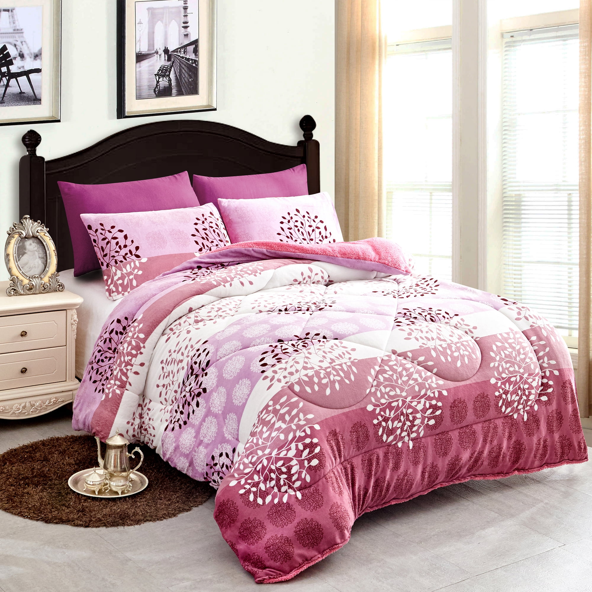 3Piece Printed Fleece Sherpa Down Alternative Comforter Set Queen King