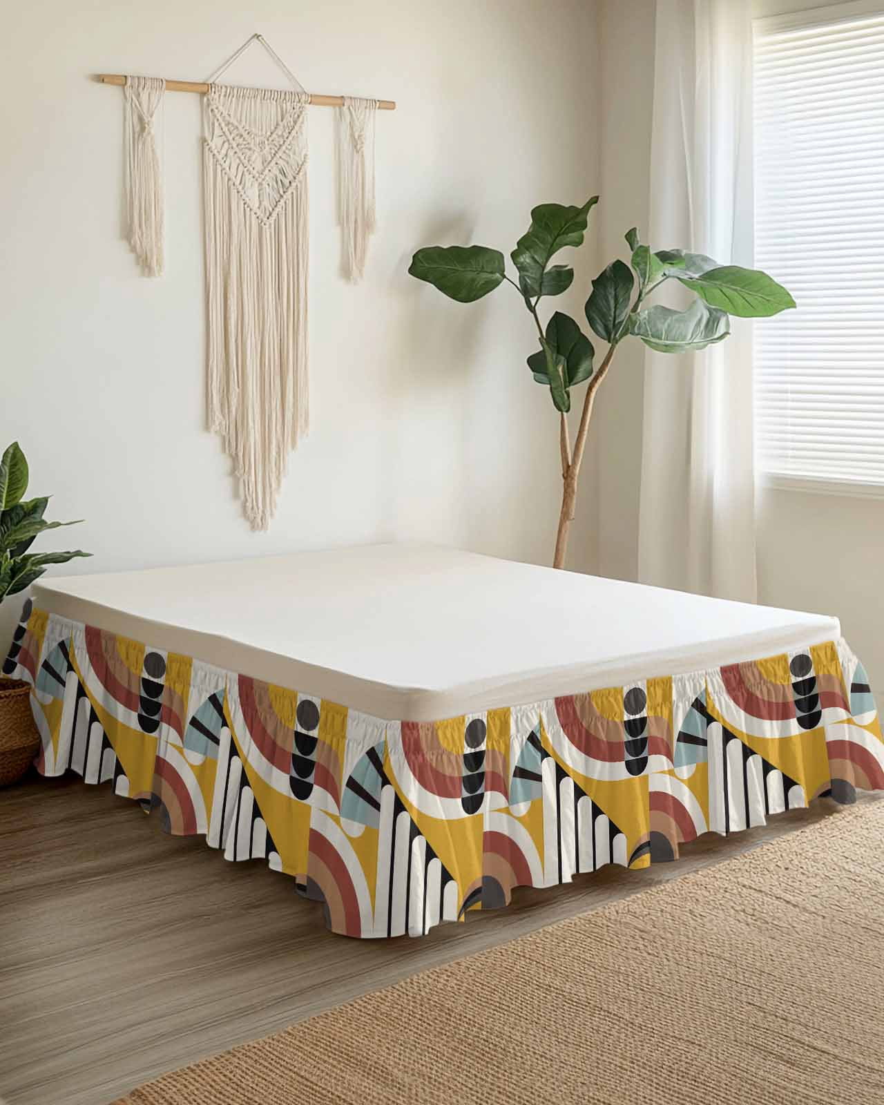 Geometric,Wrap Around Bed Skirts for California King Bed 18" Drop,Bed Skirt with Adjustable Elastic Belt Dust Ruffle Bed Valance Abstract Black Middle Century Boho Yellow Red Stripes Bed Frame Cover