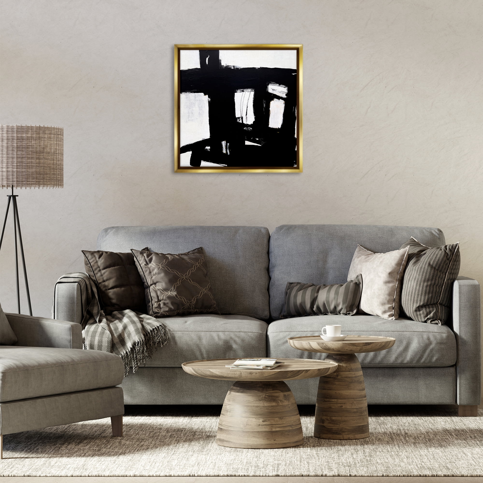 Stupell Industries Industrial Black Streaks Abstract Painting Gold Floater Framed Canvas Art Print Wall Art, 25 x 25