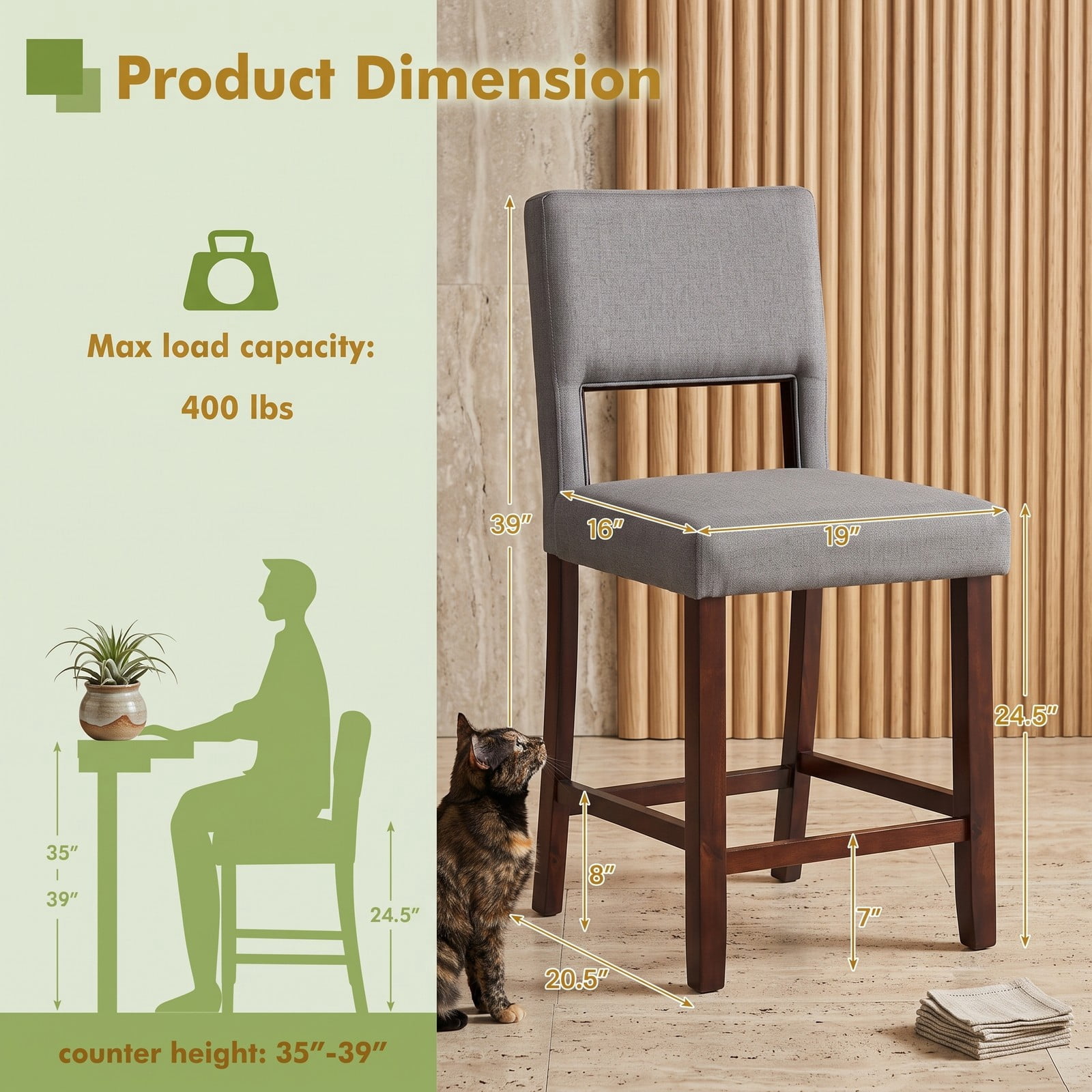 Furnibear Set of 2 Bar Stools with Hollowed Backrest, Rubber Wood Legs, Padded Seat, 24.5 Inch Counter Height Bar Chairs for Kitchen Pub Dining Room, 400 lb, Gray