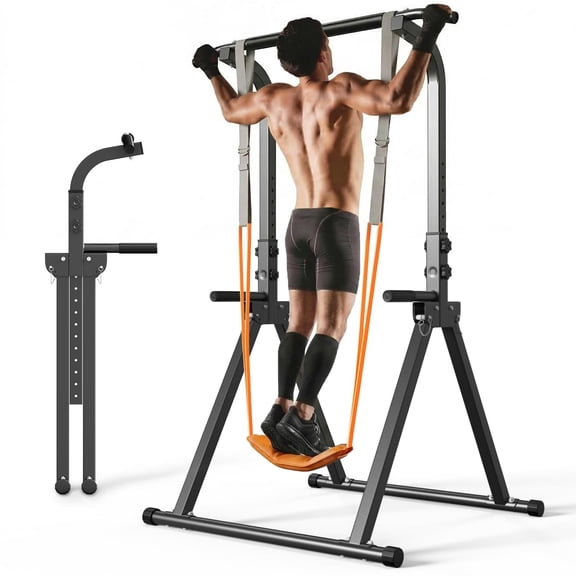 Foldable Power Tower Pull Up Dip Station, Multifunctional Exercise Rack For Home Gym Strength Training And Calisthenics, Assistance Bands, Modern Style, Black, Single Piece