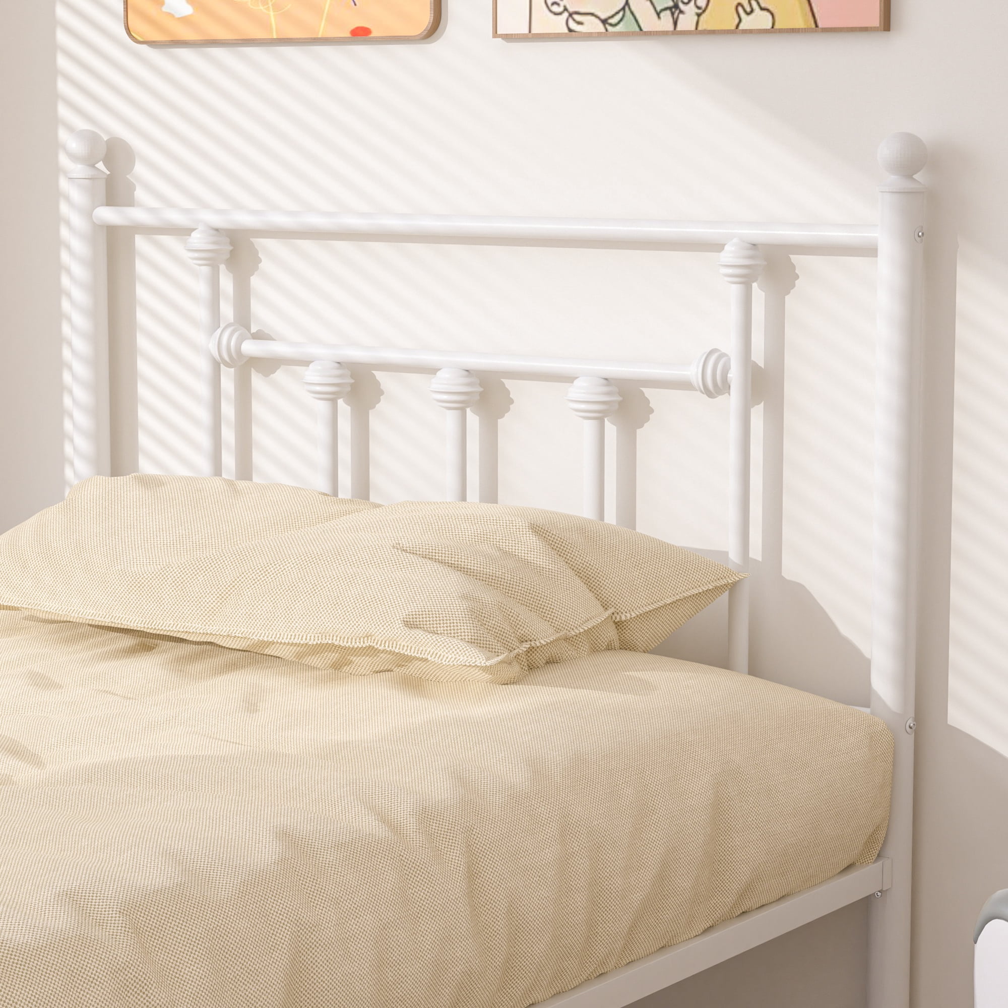 VECELO Twin Size Metal Platform Bed Frame with Headboard & Footboard, Heavy Duty Steel Slats, White