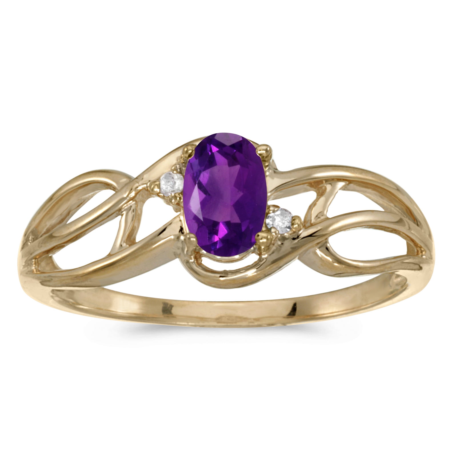 14k Yellow Gold Oval Amethyst And Diamond Curve Ring by