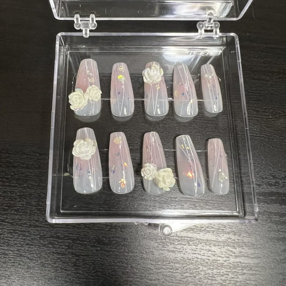 10pcs 3D Camellia Flower Translucent Reusable Glitter Gradient Wedding Handmade Press On Nails (XS)