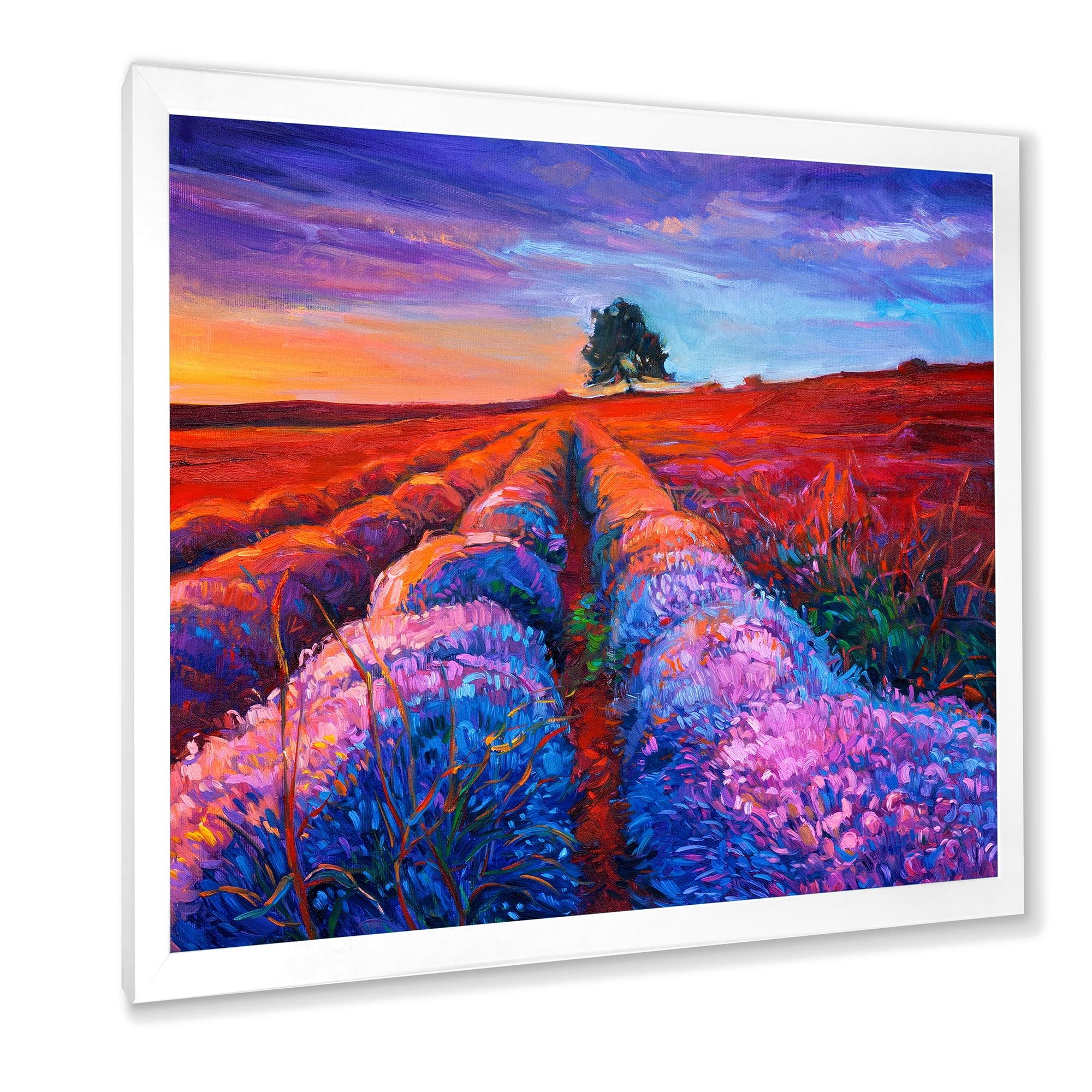 Designart 'Lavender Fields With Distant Tree & Sunset Glow' Farmhouse Framed Art Print