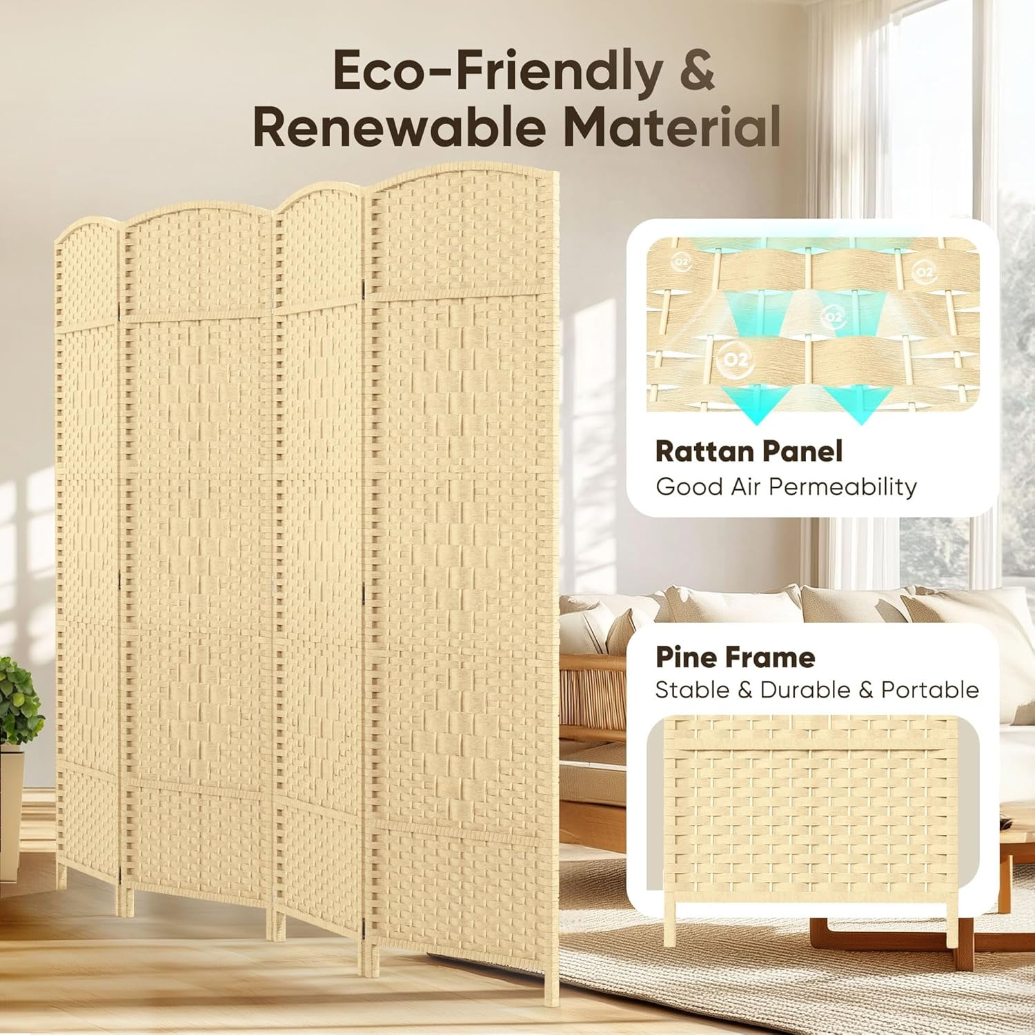 Jostyle Room 6ft Tall Divider with Hand-Woven Design, 4-Panel Folding Privacy Screen Freestanding White
