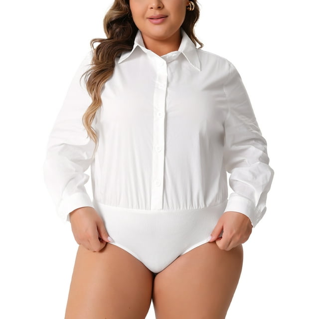 FAB CURVES Blusas de bodysuit de oficina de manga larga con botones para mujeres de tallas grandes 2X blancas
