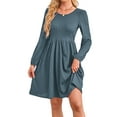 thumbnail image 2 of Women'S Dress Long Lantern Sleeves Round Neck Flowing A-Line Skirt Autumn Fashion Sea Blue L, 2 of 7
