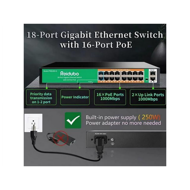 18-Port Ethernet Gigabit PoE Switch,16-Port PoE Network Switch