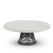 Gerson White marble platter on gray-washed metal-inlay pedestal