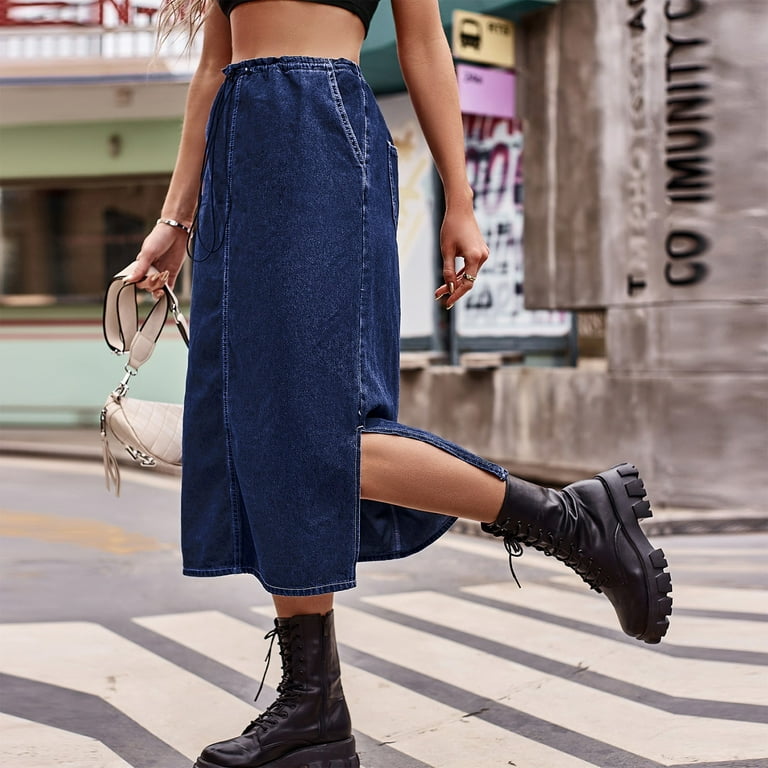 Long Denim Skirt for Women Casual A-Line Denim Maxi Skirt Stretch High  Waisted Jean Skirt with Pocket Blue Size 2 at  Women's Clothing store