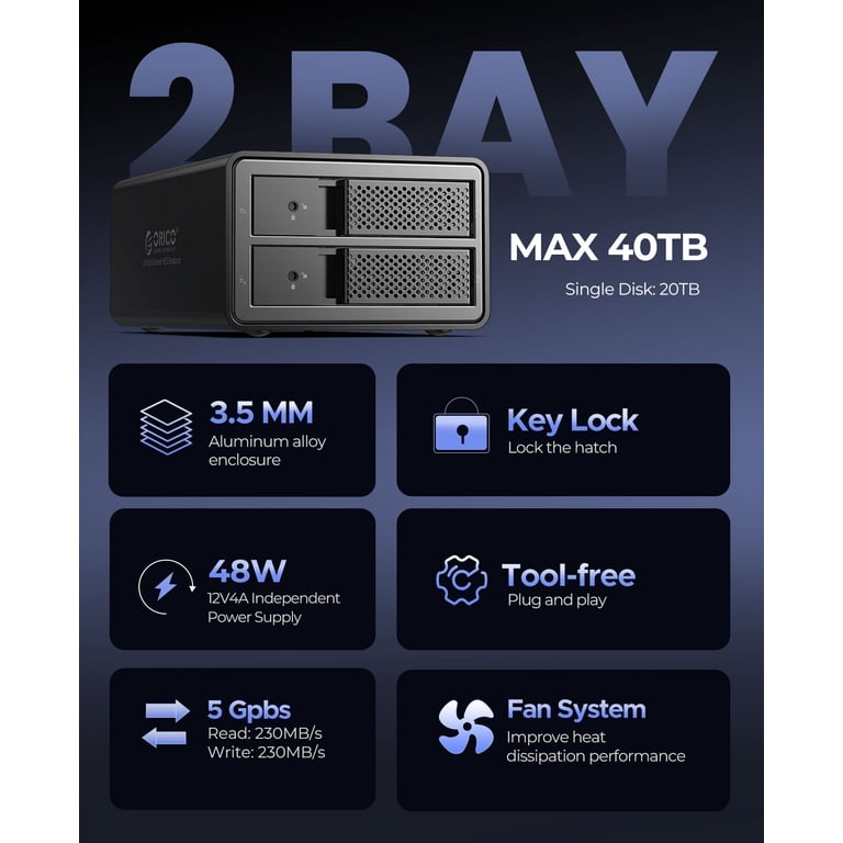 ORICO 2 Bay USB 3.0 External Enclosure, 3.5 inch SATA HDD, Laptop