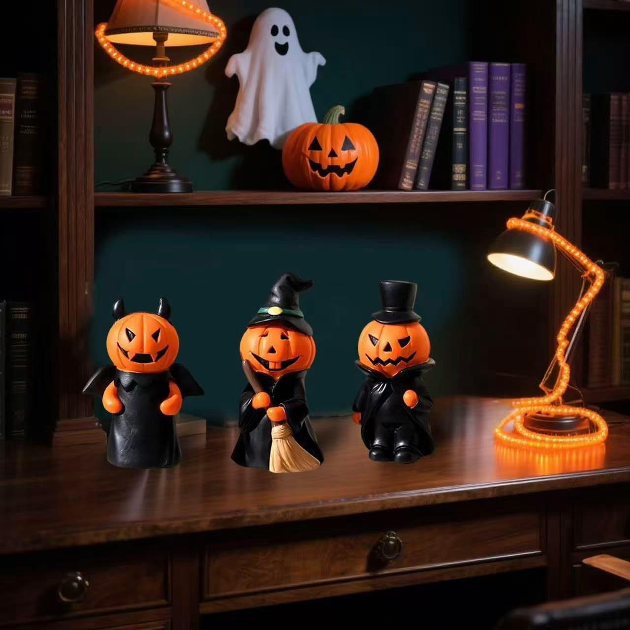 Set of 3 Mini Pumpkin People Figurines for Halloween Table Decor
