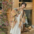 thumbnail image 5 of Women'S Shawl Wrap Poncho Open Front Shawls For Fall Winter Loose Vintage Check Patterned Cardigan For Cold Weather, Christmas Blanket Scarf Gifts-Pink Yellow, 5 of 5