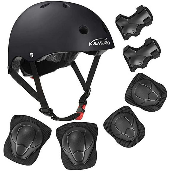 KAMUGO Helmets for Kids ,Black Helmet Knee Pads and Elbow Pads for Kids