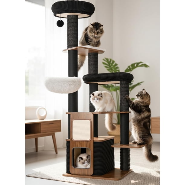 Árbol para gatos interior 160 cm resistente grandes rascador Maine Coon adulto percha superior extragrande compartimentos color negro