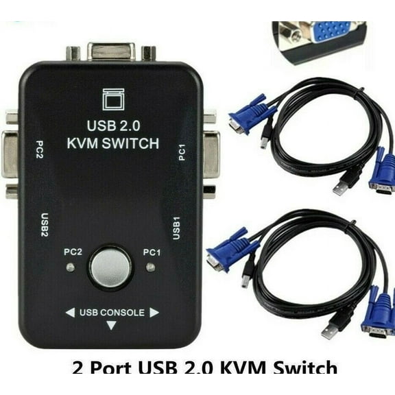 USB2.0 2 Port KVM VGA SVGA 1920*1440 Switch Splitter Box Two kvm Cables